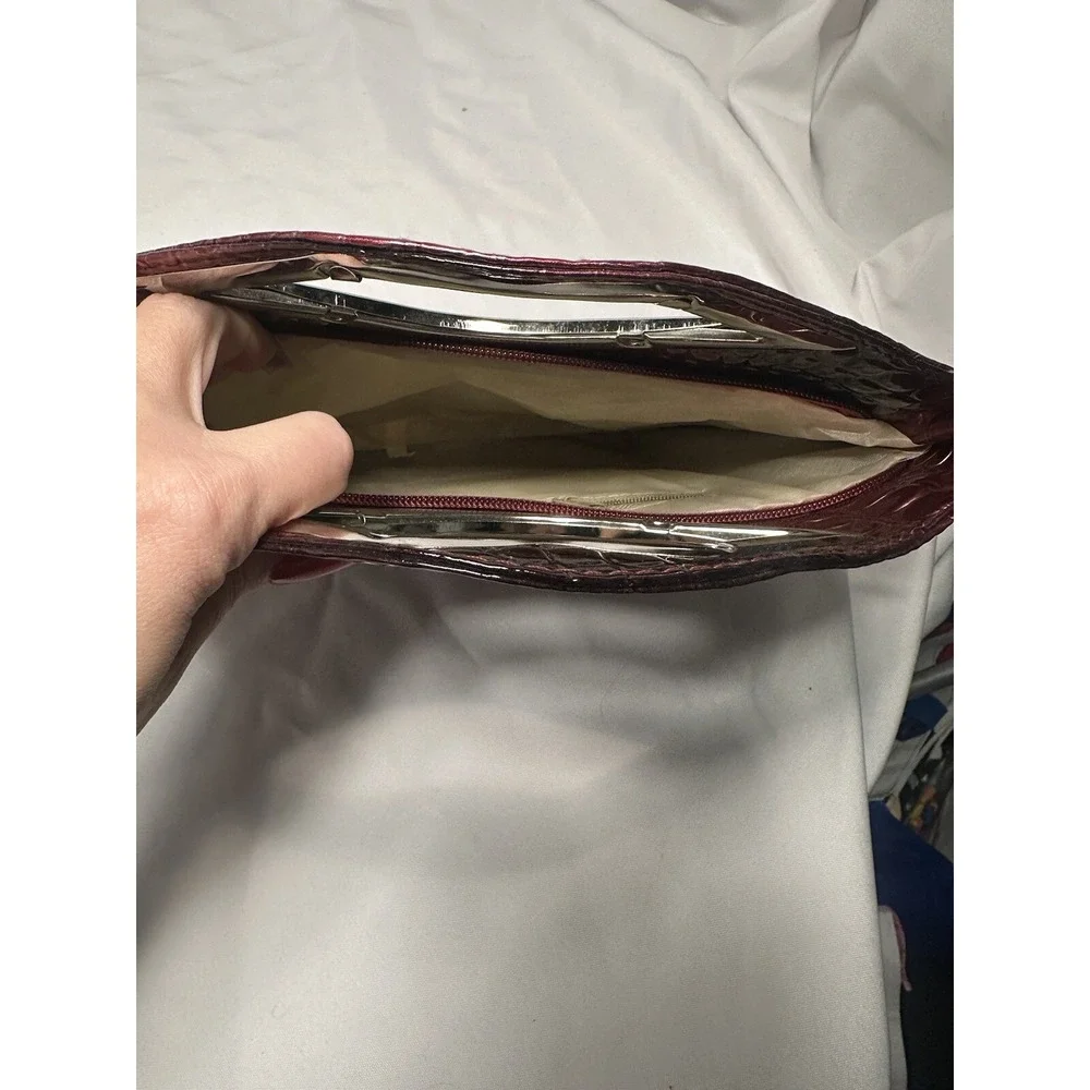 Burgundy Ombre Faux Croc Lip Handle Clutch Bag Amber Jewel Accent Patent Finish